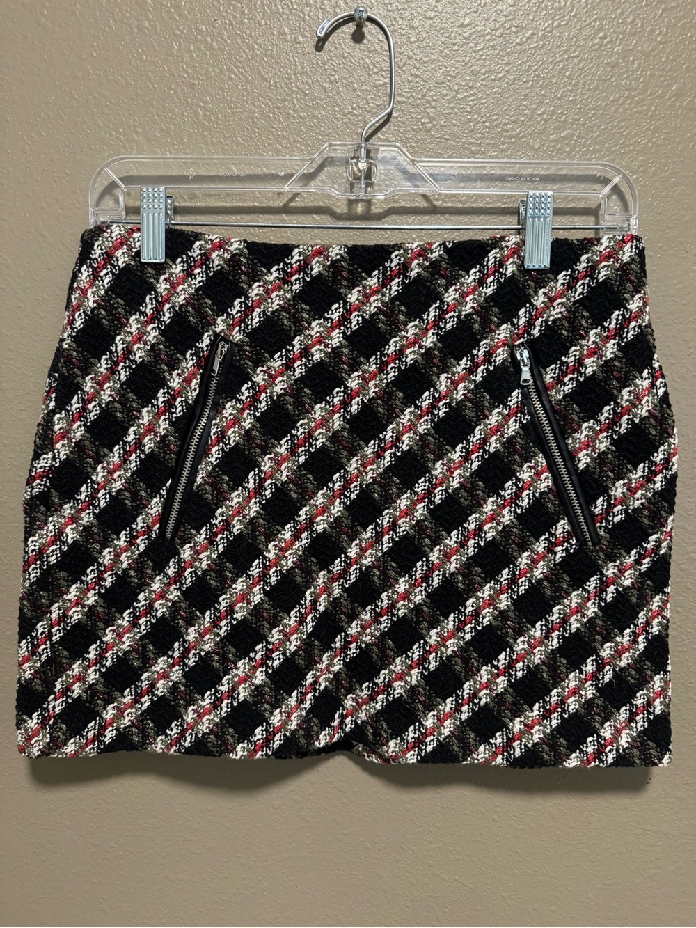 Zara Black, White & Red Textured Plaid Mini Skirt with Zip Pockets